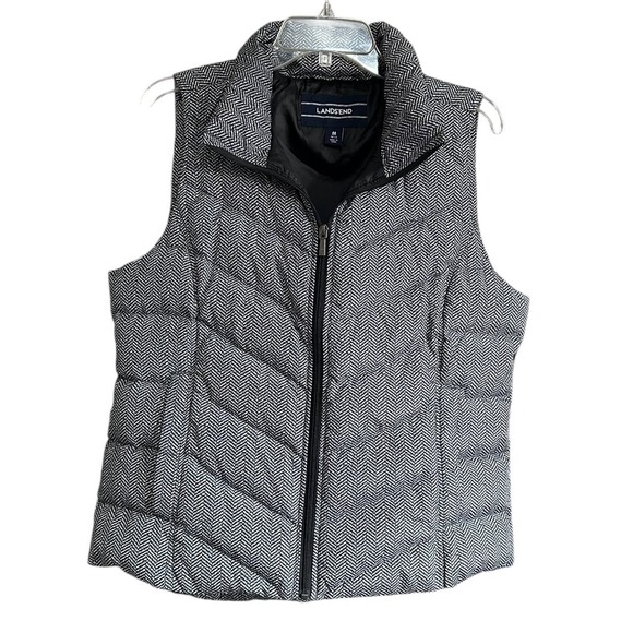 Lands' End Jackets & Blazers - Lands End Womens Down Puffer Vest Black White Herringbone‎ Chevron M Outdoors